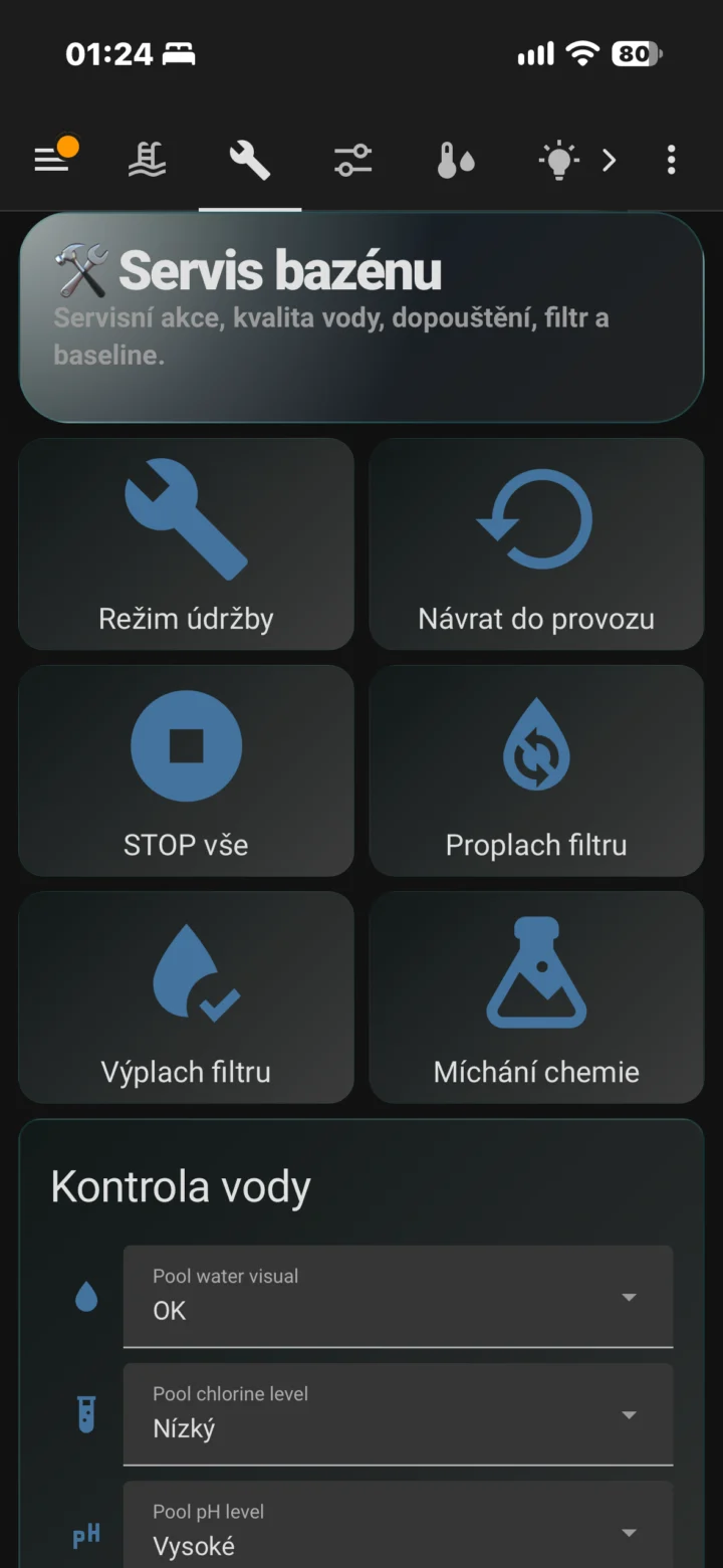 Servisní ovládání bazénové technologie v Home Assistant