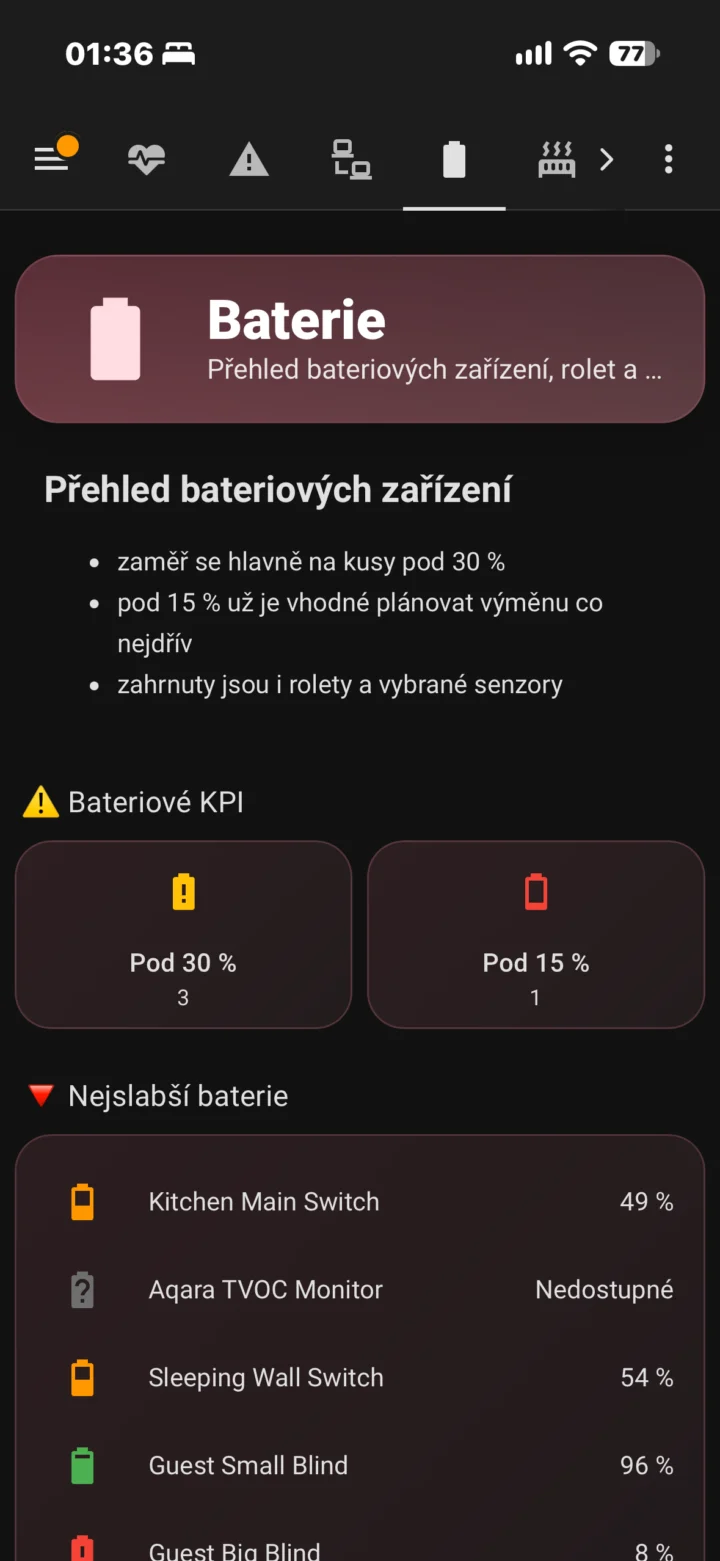 Přehled stavu bateriových zařízení v Home Assistant