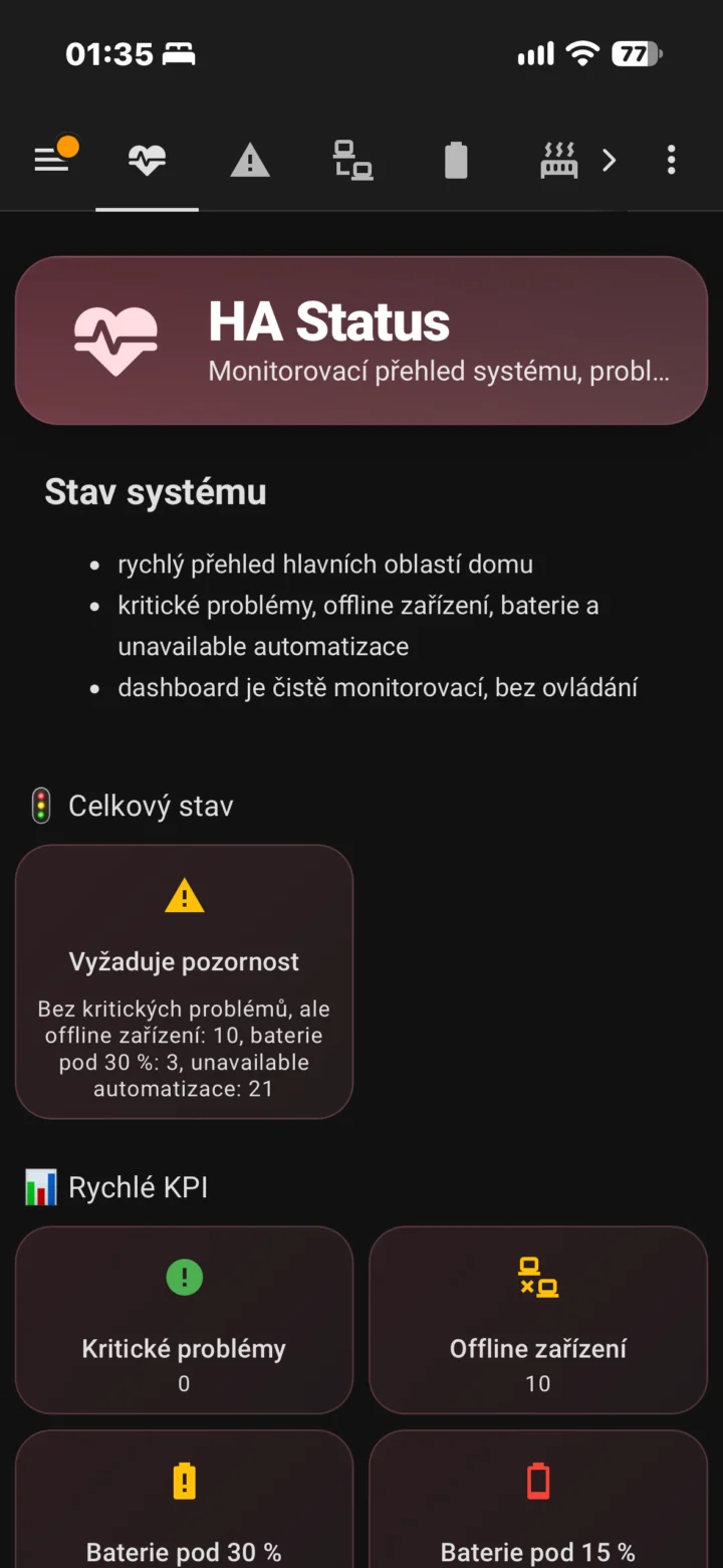 Stav Home Assistant systému a klíčové ukazatele