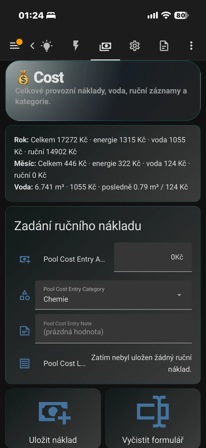 Přehled nákladů na provoz bazénu v Home Assistant