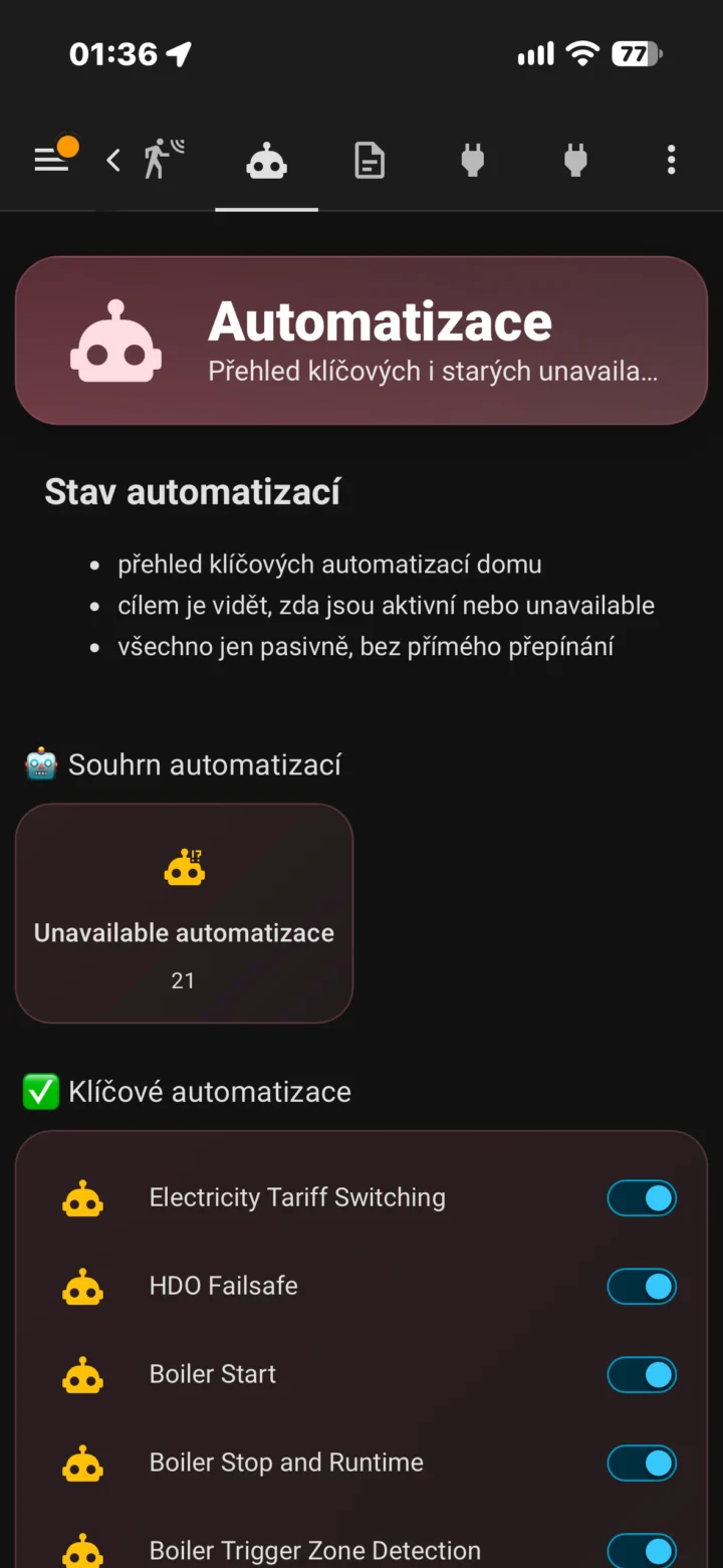 Kontrola dostupnosti klíčových automatizací v Home Assistant