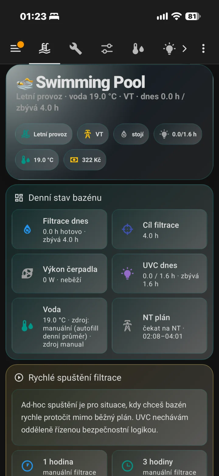 Hlavní přehled automatizace bazénu v Home Assistant