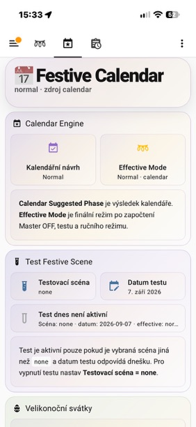Kalendář a testování scén Festive Lights v Home Assistant
