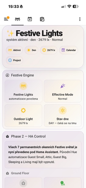 Hlavní přehled automatizace Festive Lights v Home Assistant