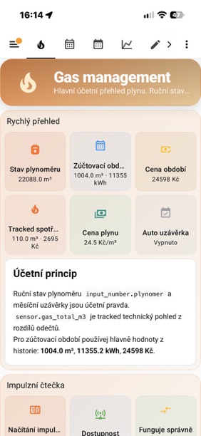 Hlavní přehled správy plynu v Home Assistant